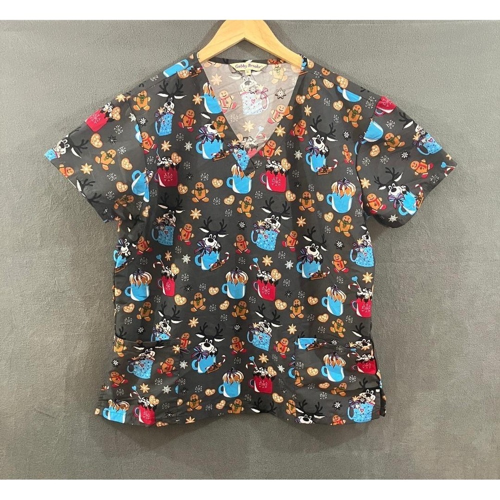 Gabby Brooke Christmas Nurse Scrub Top Gingerbread Reindeer Grey Festive XL
